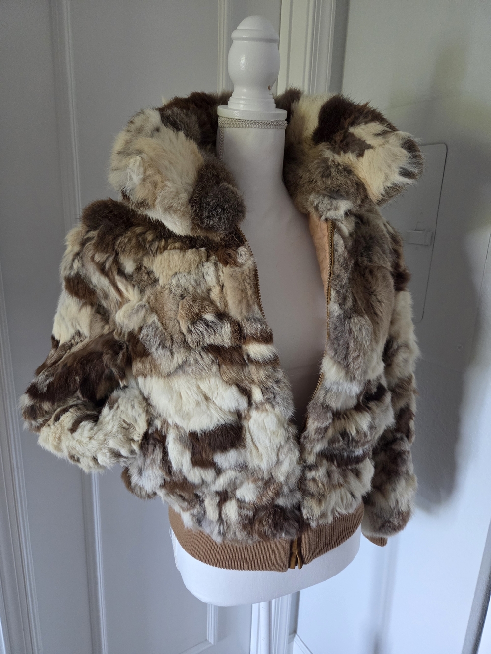 Vintage Rabbit Fur Muti-color Bomber Jacket With Pockets